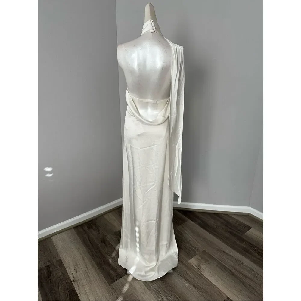 NWT Jonathan Simkhai Open Back Satin Vittoria Draped Scarf Maxi Gown Ivory Sz 0